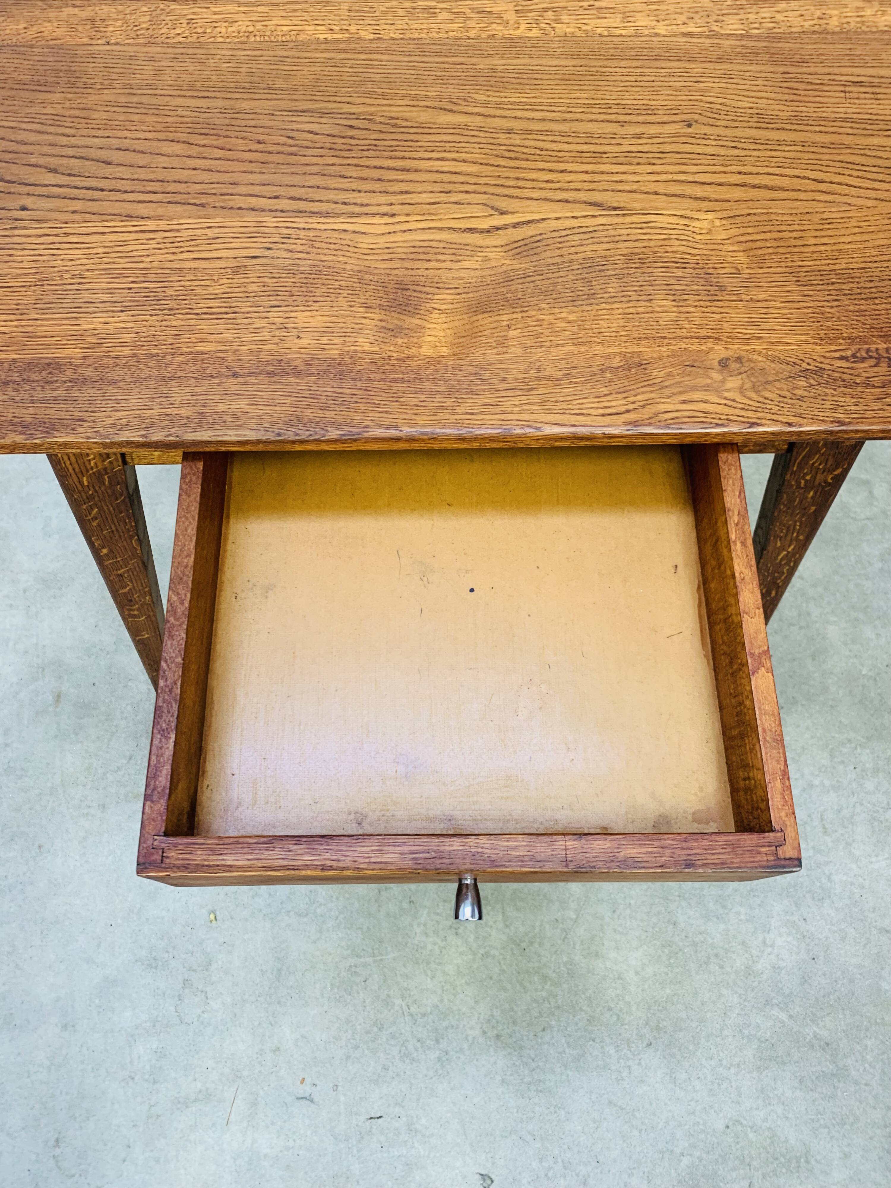 1950s oak desk, vintage, compass legs