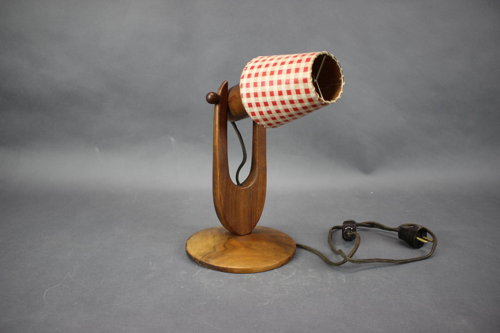 Mid-century adjustable wooden table lamp with checked shade, Czechoslovakia