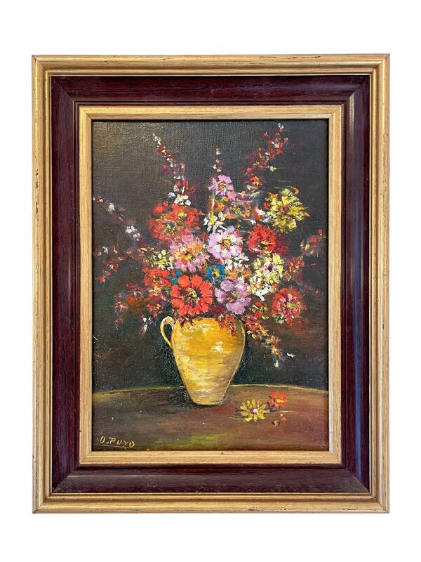Tableau ancien - Fleurs dans un pichet jaune
