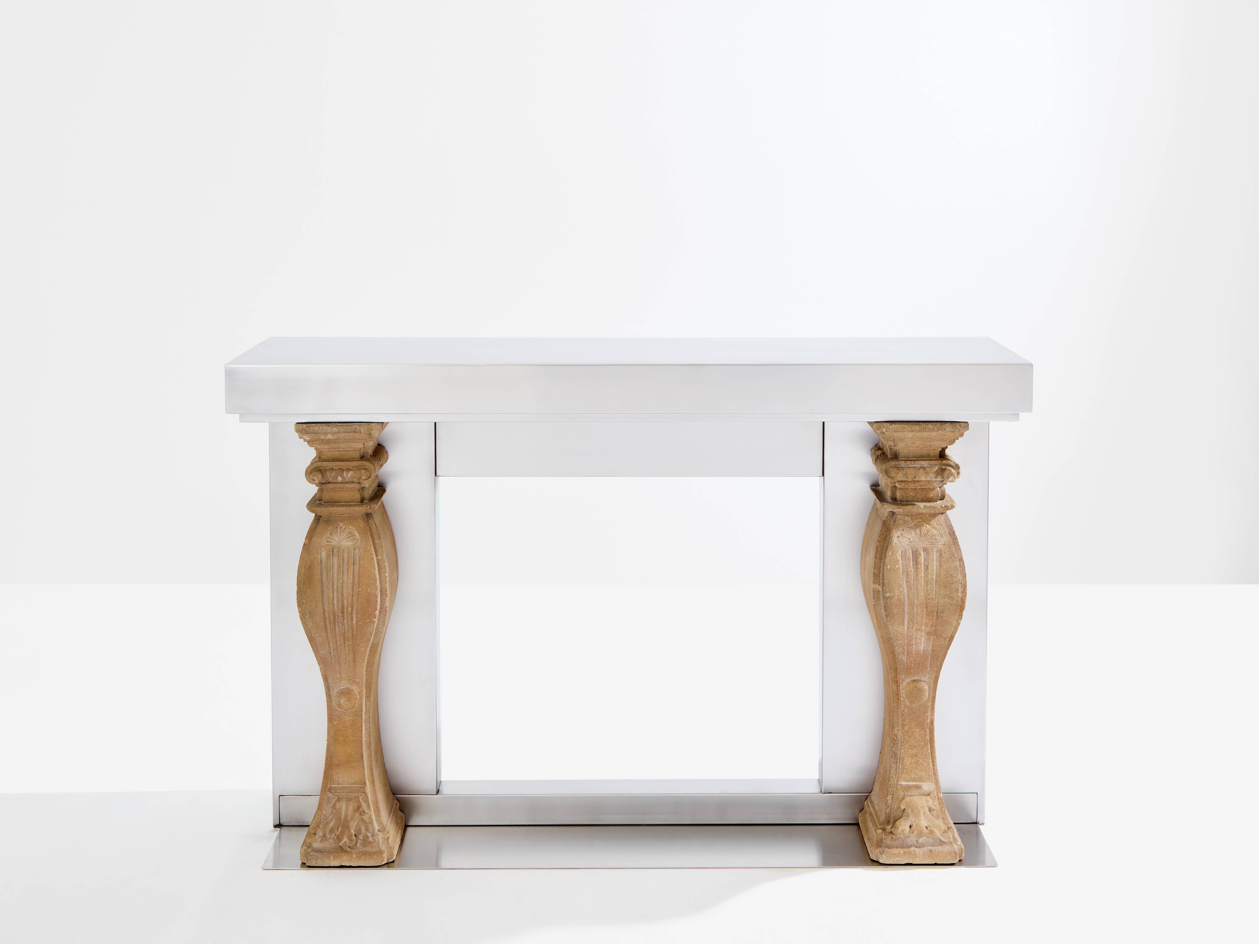 Maison Jansen fireplace mantel brushed steel cut stone 1968