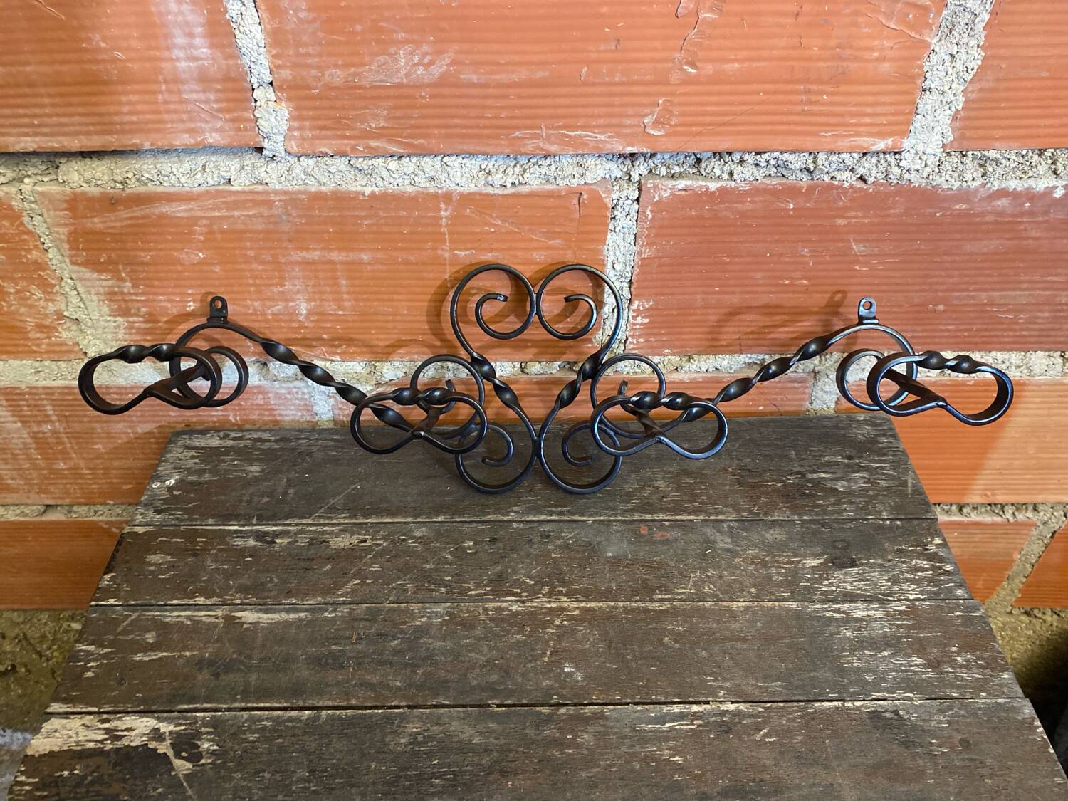 Vintage Wall Coat Rack with 4 Black Wrought Iron Heart-Shaped Hooks