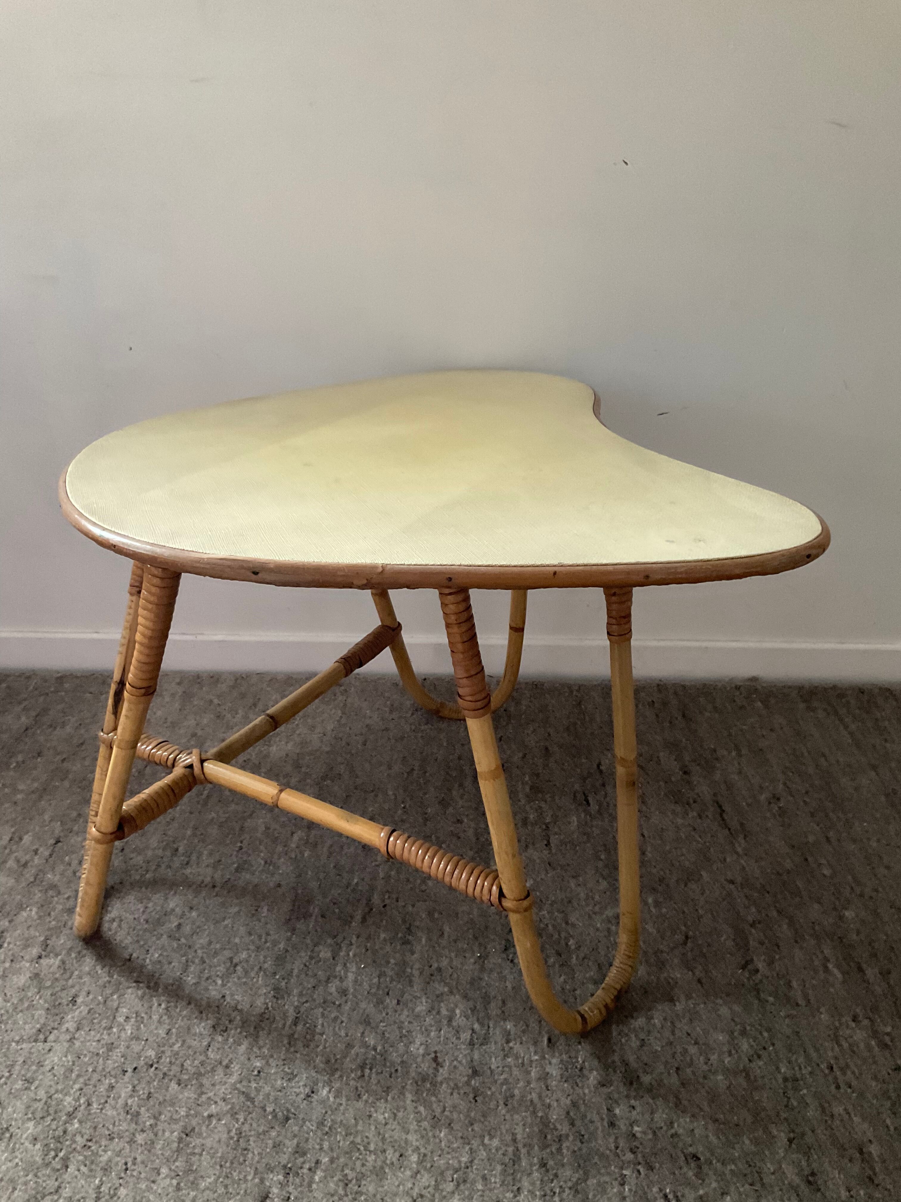 Asymmetrical rattan coffee table tripod foot, 60s