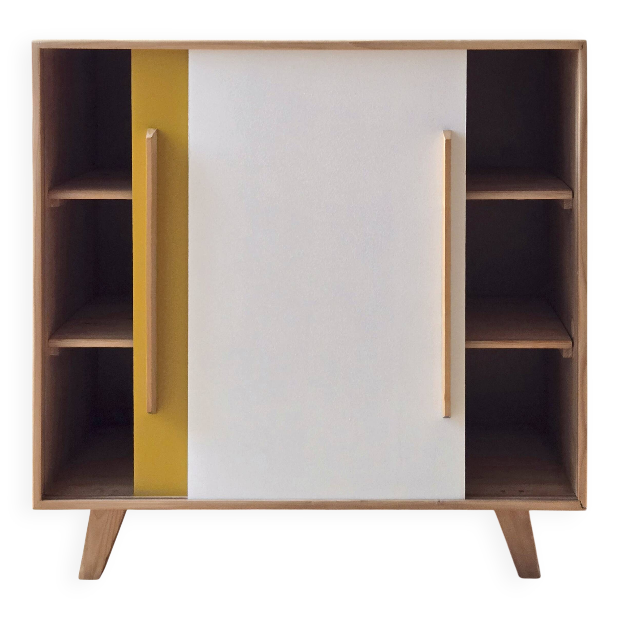 Vintage low sideboard with sliding doors in solid pine - 1960s design