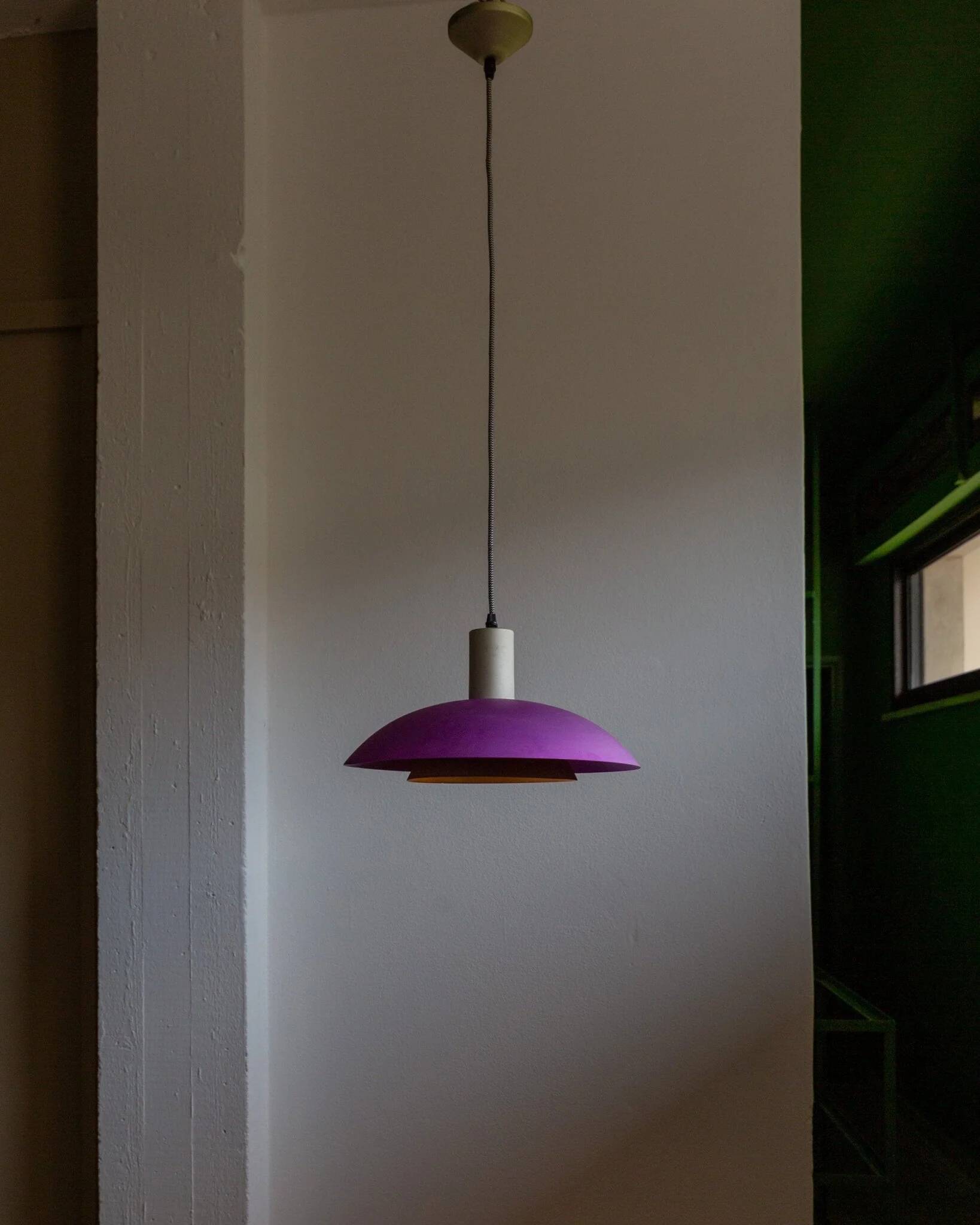Vintage metal ceiling suspension – postmodern Memphis style from the 1980s, purple, green, silver, striped cable, Pop Art interior, retro light fixture.