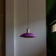 Vintage metal ceiling suspension – postmodern Memphis style from the 1980s, purple, green, silver, striped cable, Pop Art interior, retro light fixture.