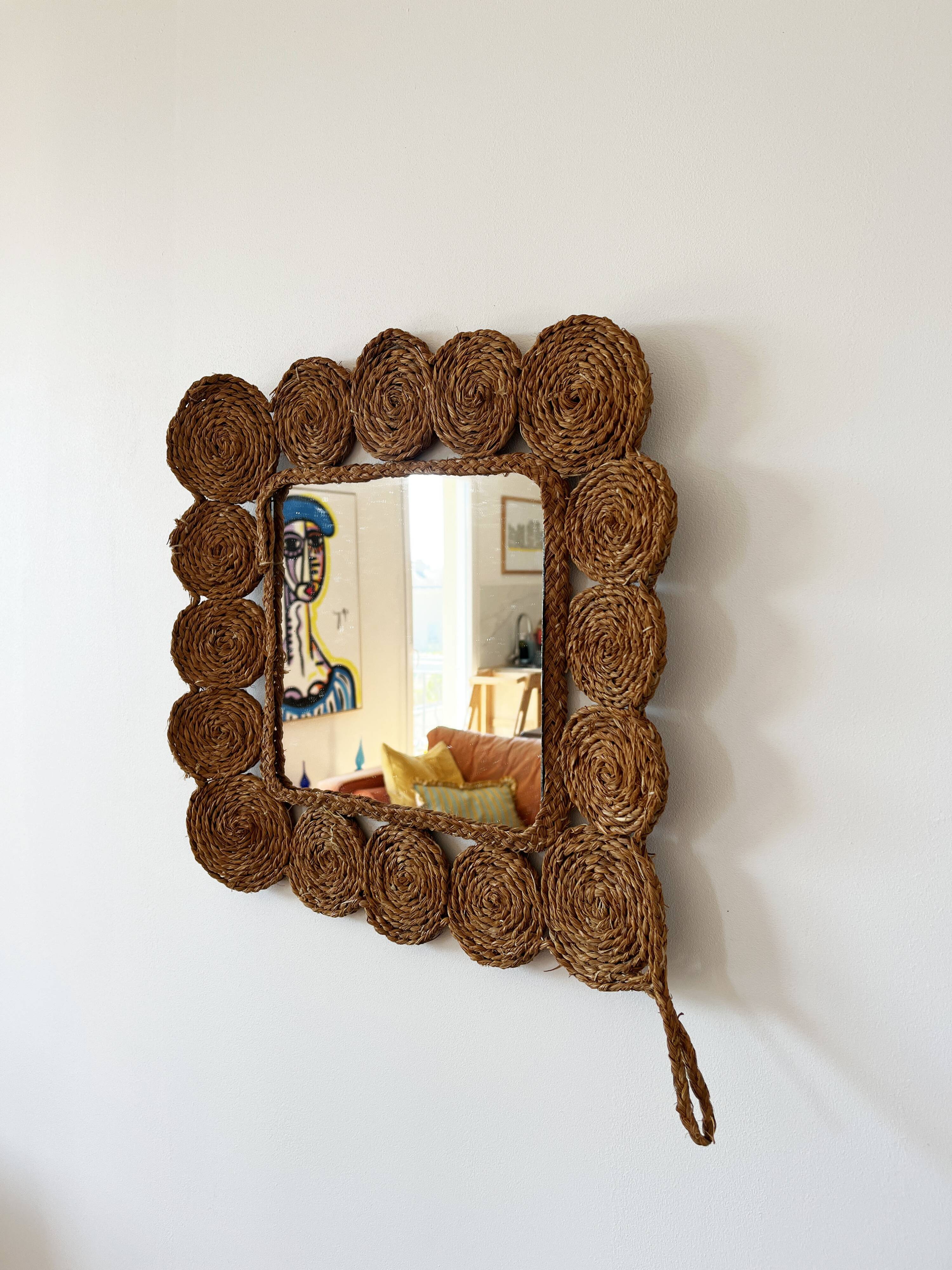 Vintage 1960s braided raffia mirror
