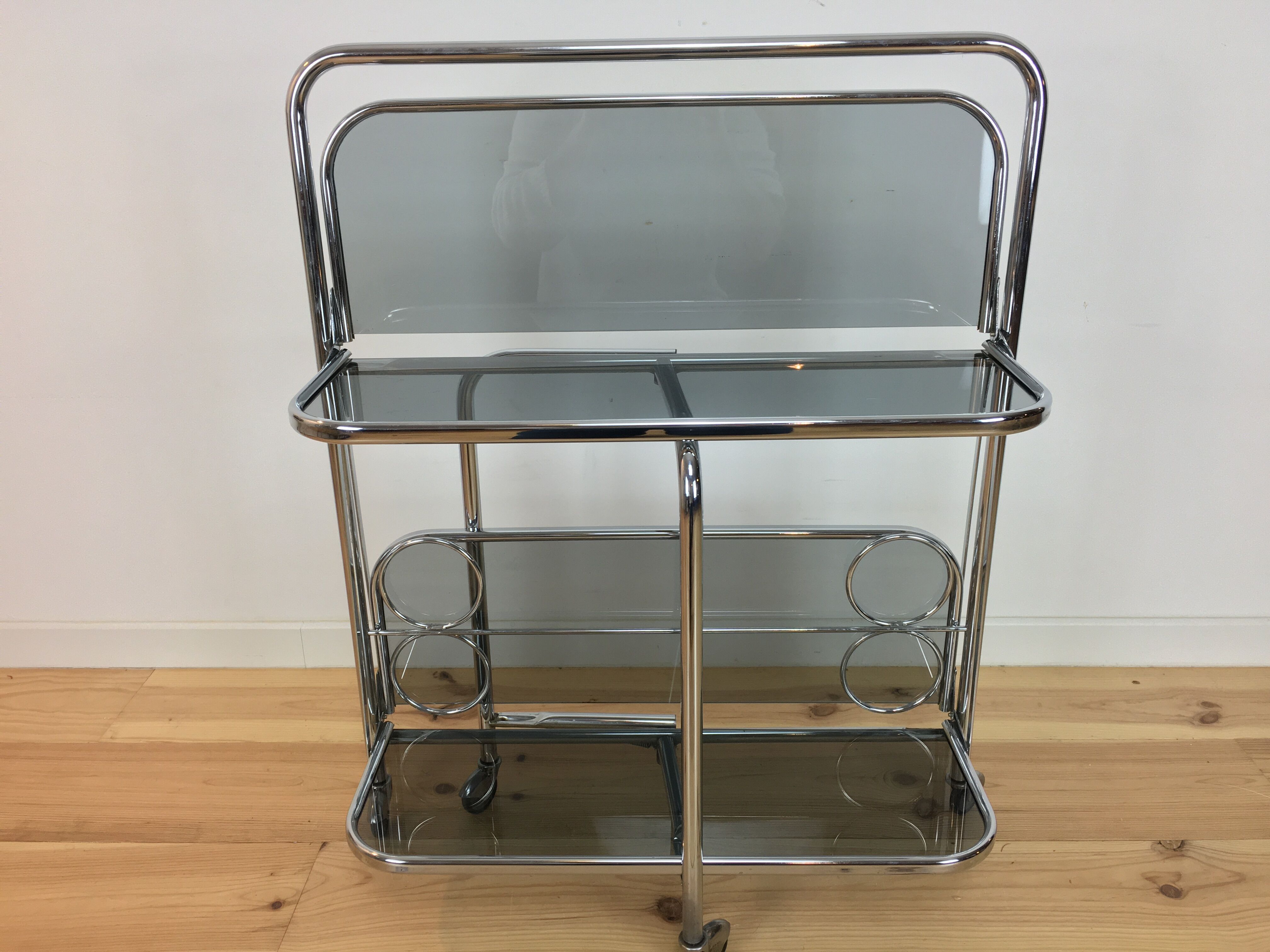 70s chrome folding dessert, smoked glass bar