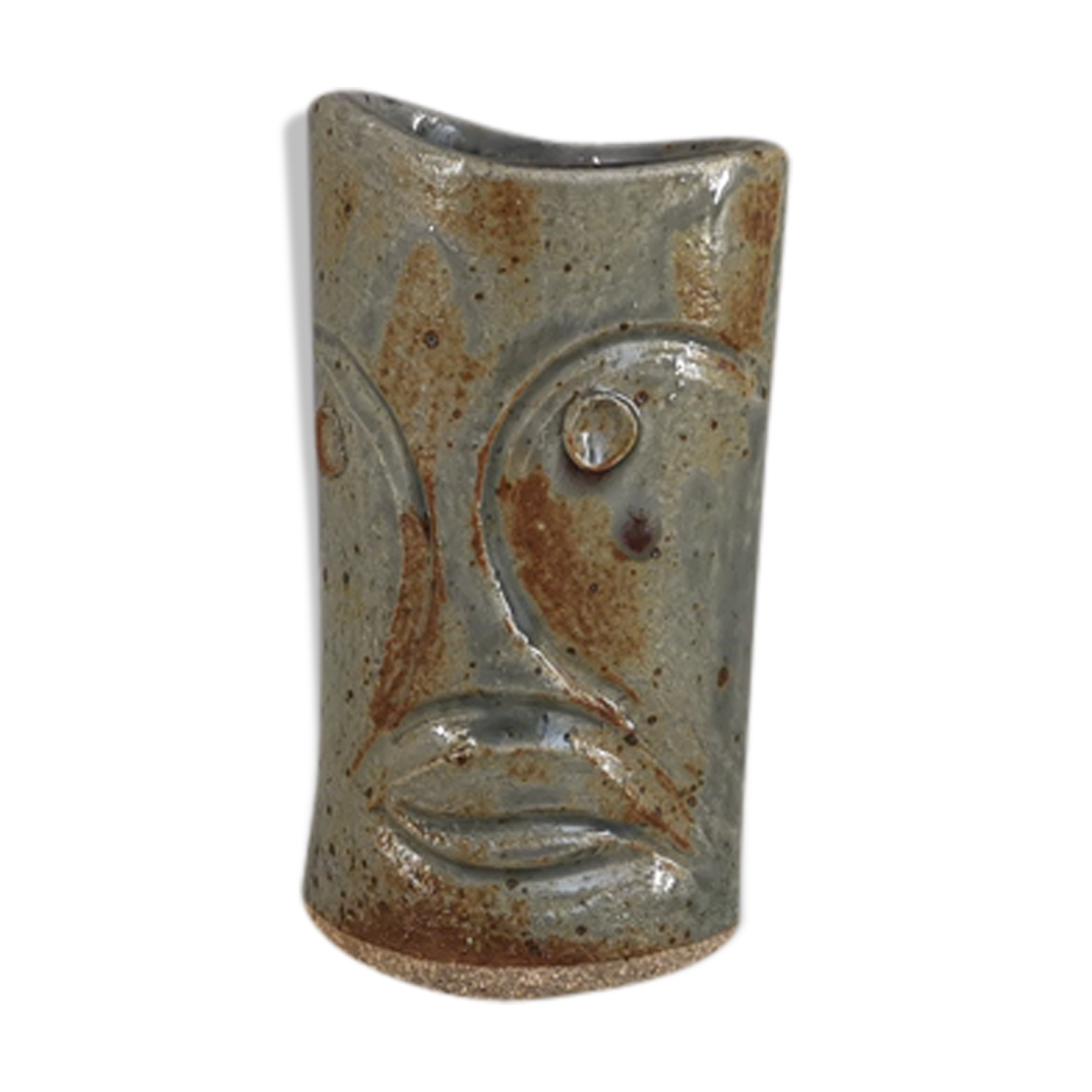 Signed vase in enamelled sandstone with stylized face