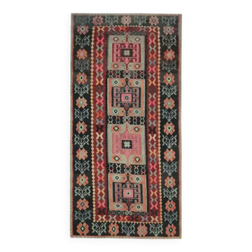 Vintage Turkish Oushak Handmade Cotton Brown Wool Kilim Area Rug 146x310