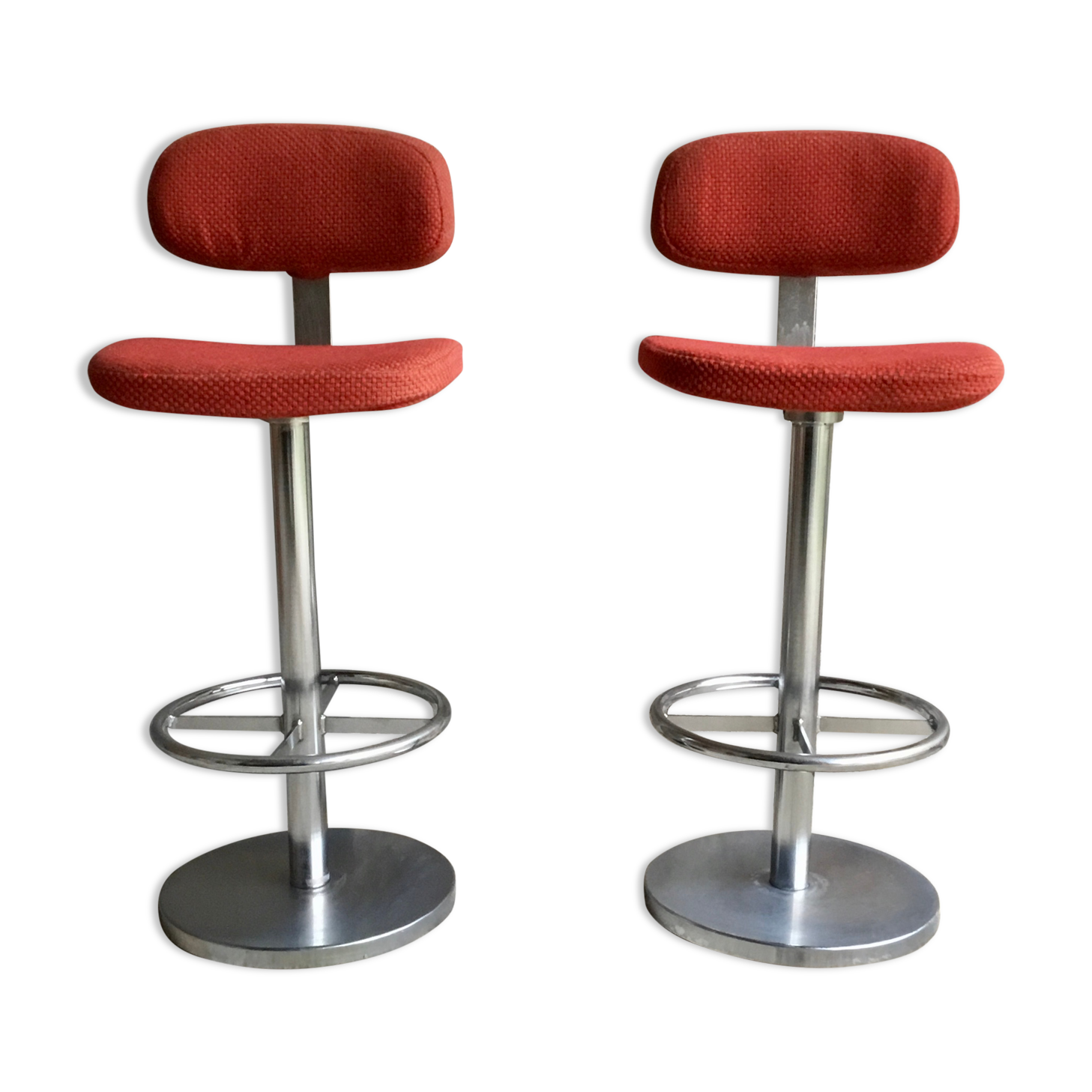Pair of vintage bar stools with backrest - stainless steel base - 1960