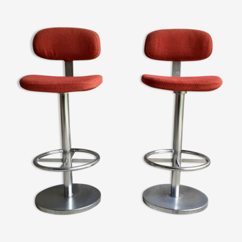 Pair of vintage bar stools with backrest - stainless steel base - 1960