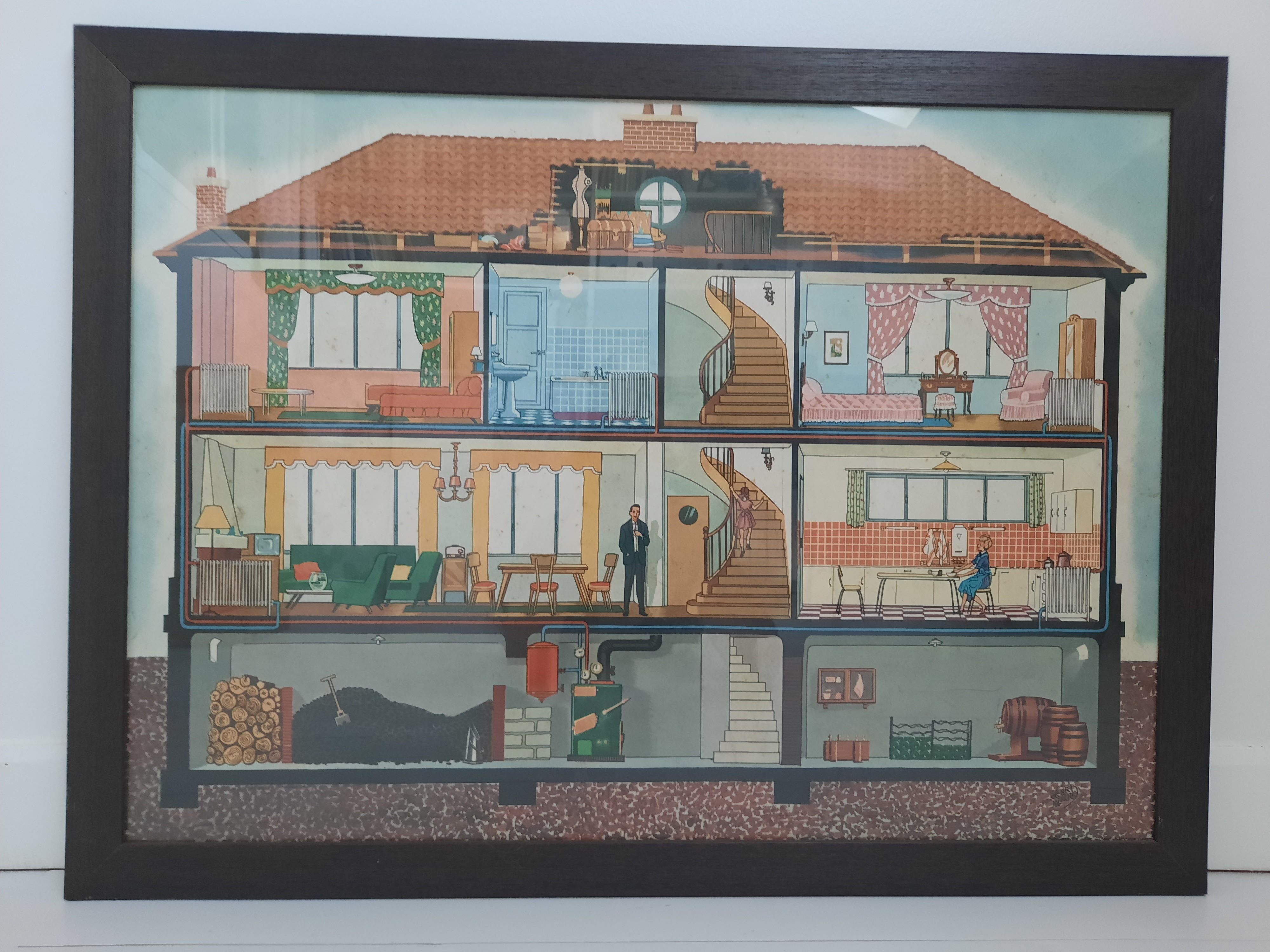 Illustration/ Old poster of a house in cut, framed. Vintage. 60's 1960s