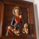 Painting, low relief in polychrome plaster, virgin mary, child jesus on wooden frame
