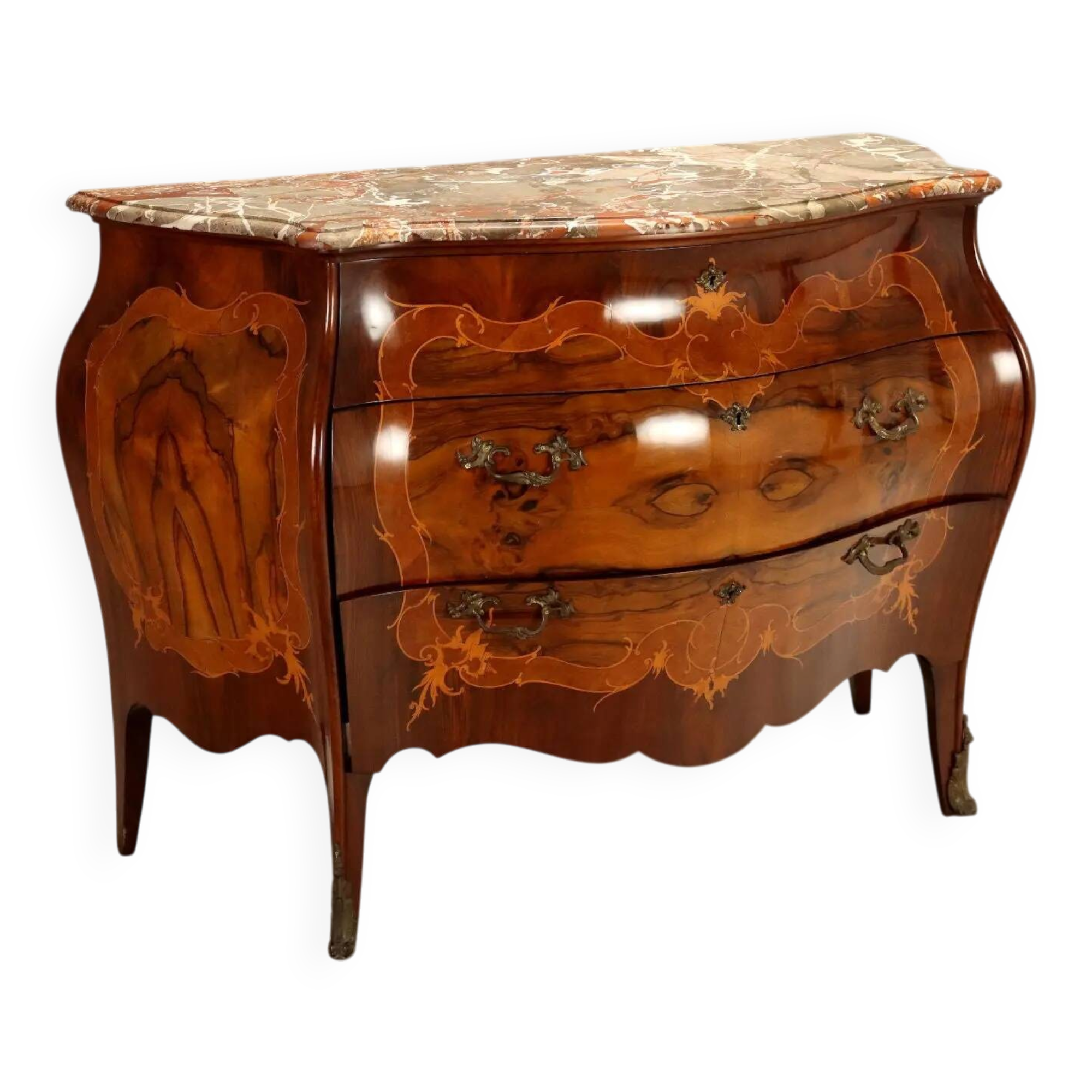 Commode ancienne baroque en noyer et marbre, Italie, XXe siècle