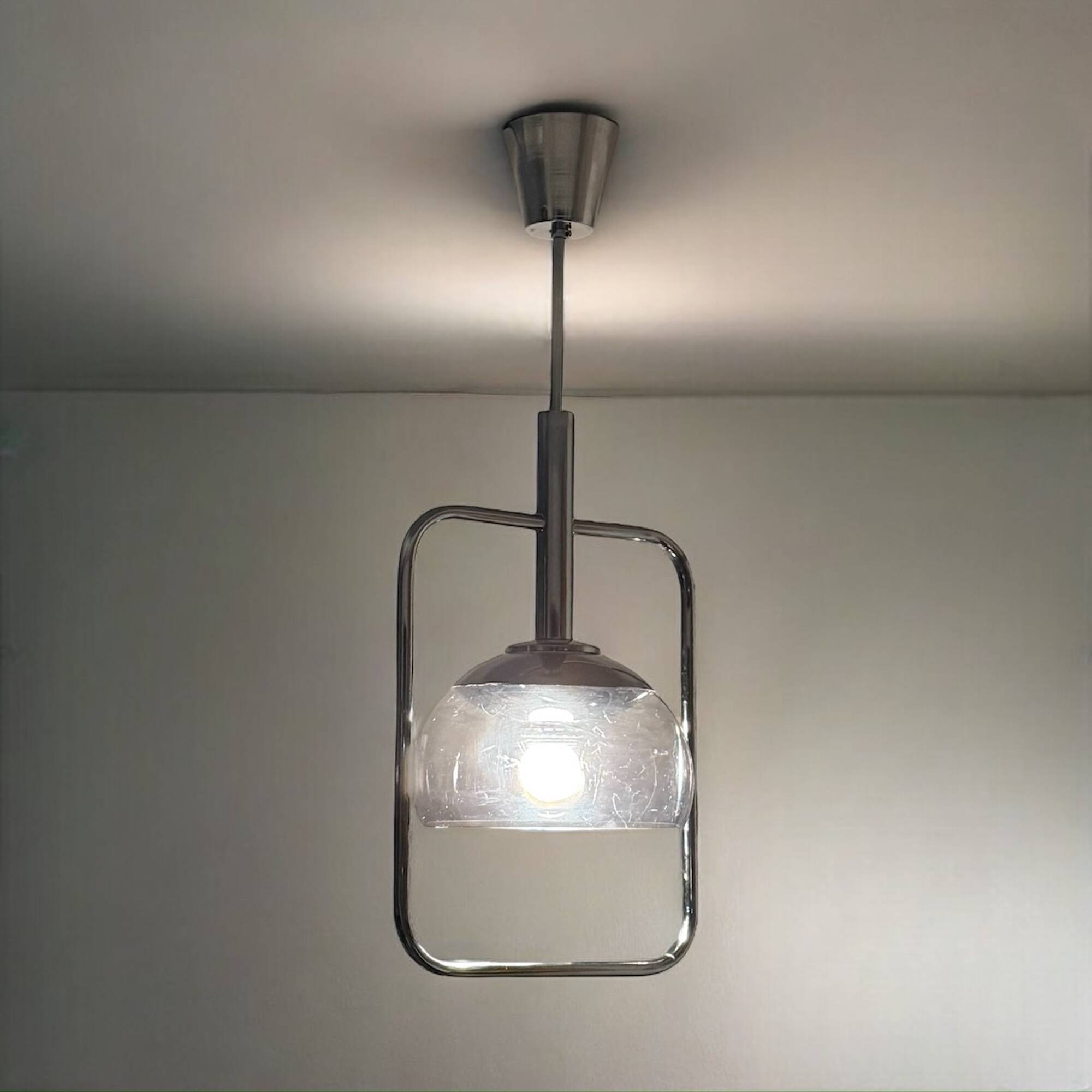 Space Age Pendant Lamp in Chrome Metal and Smoked Plexiglass, 1970s