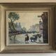Huile sur toile vintage Notre Dame de Paris, scène de rue sous la pluie, signée 1950