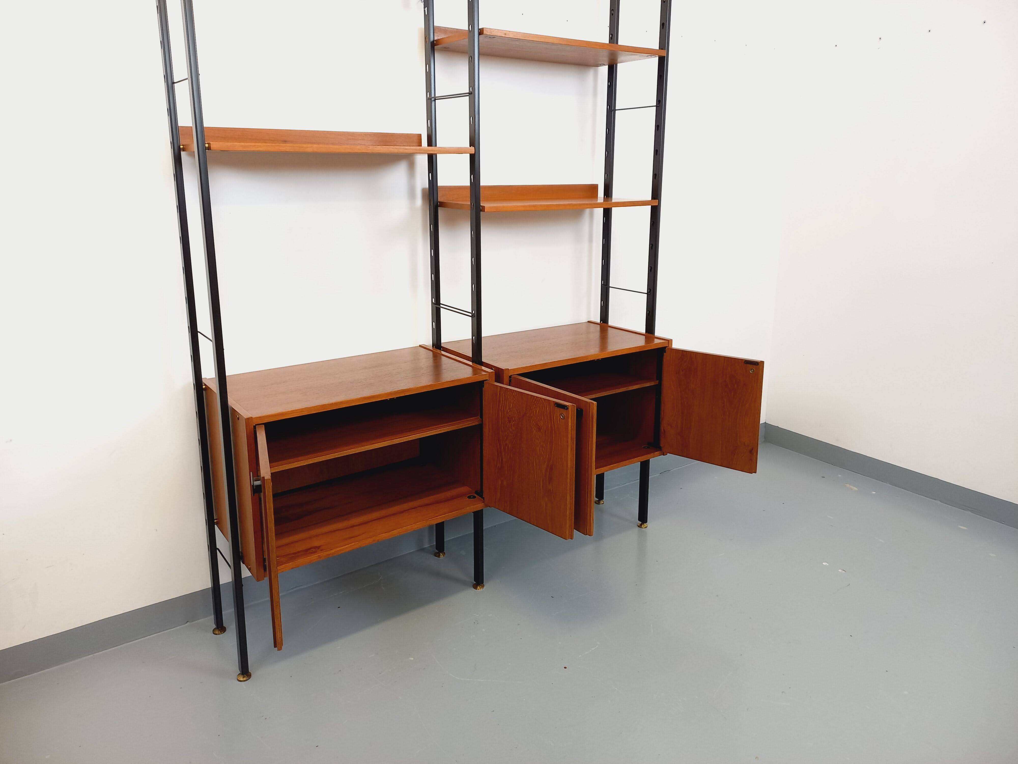 Vintage Italian double modular shelf bookcase in teak and metal