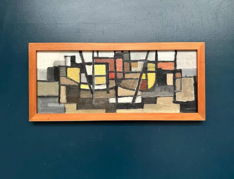 Original Swedish Oil on Canvas – “Abstract Composition” – Signed – Dated 1959 – Vintage & Framed – 77 × 35 cm