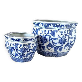 2 Jardinières ou Haredinera en Porcelaine de Chine Bleu et Blanc en bon état.