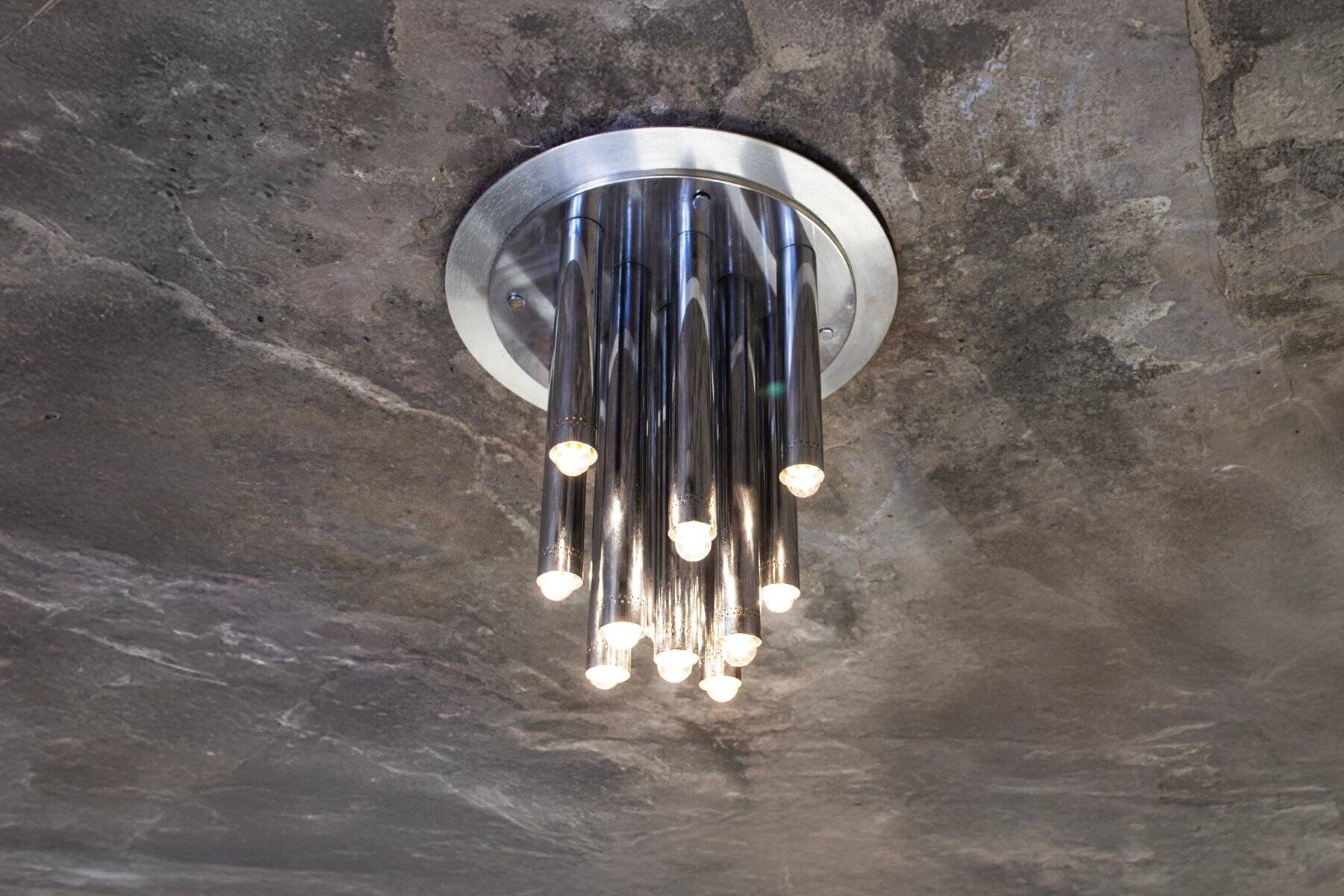 Large ceiling lamp with 13 chrome lights by Goffredo Reggiani, 1970s.