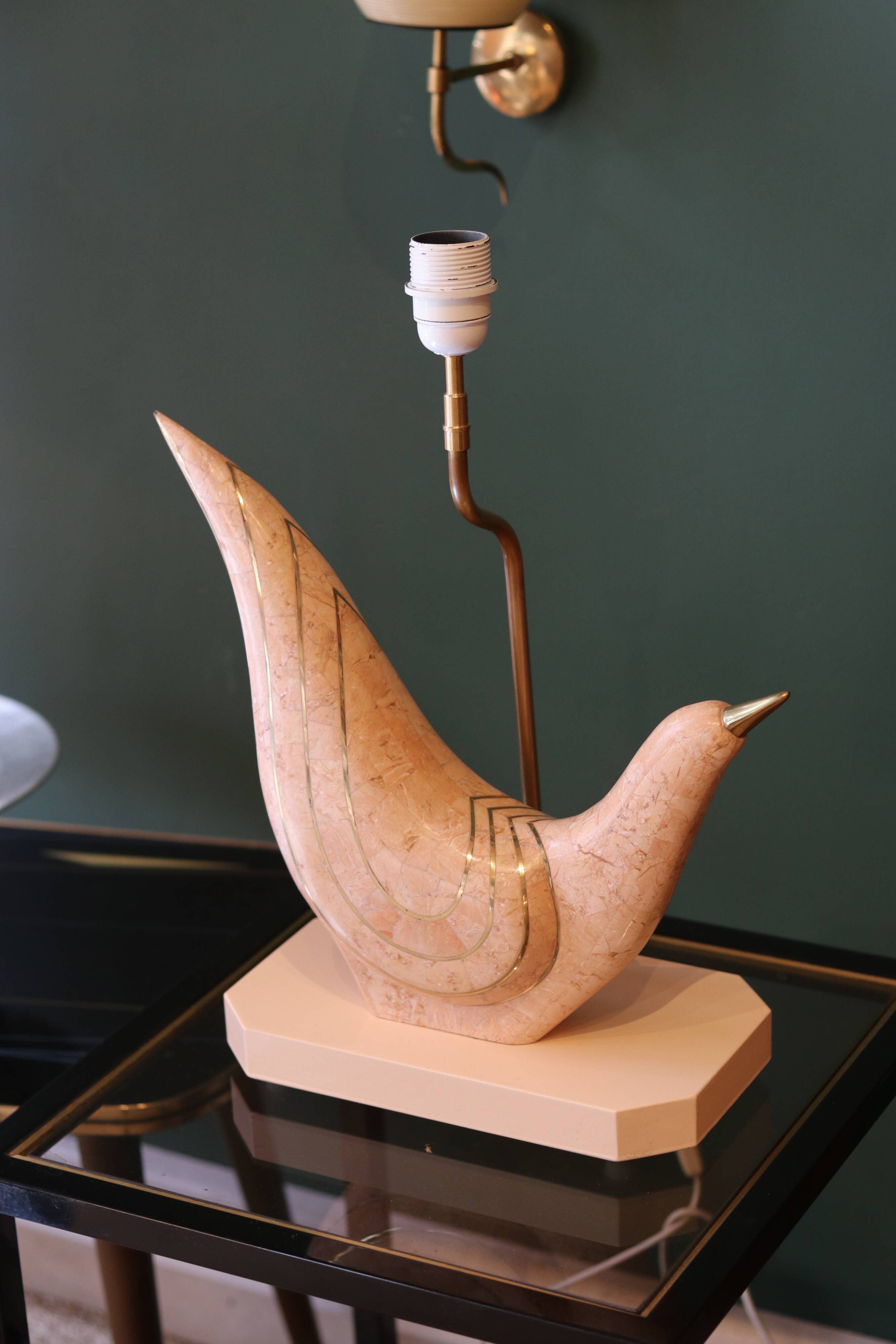 Pink tessellated stone and brass bird lamp from Maitland-Smith
