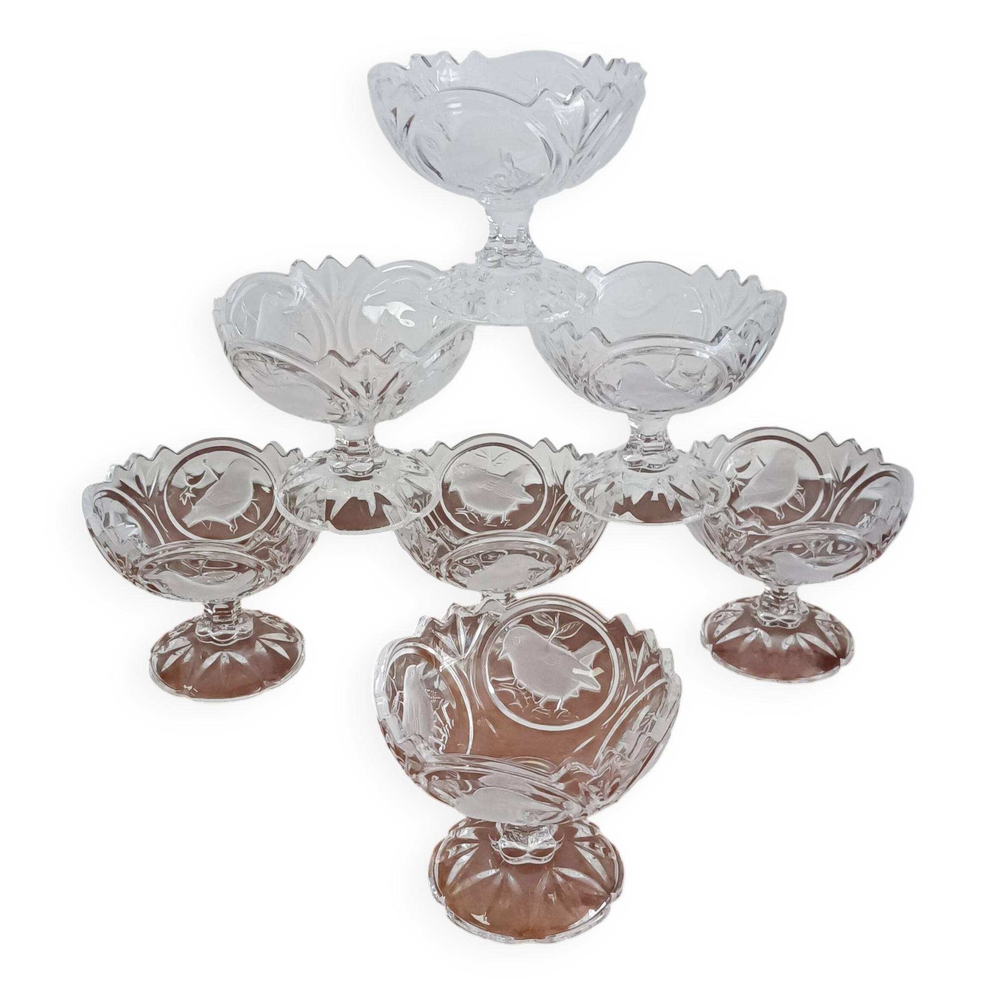 Set of 7 Arques crystal dessert bowls, Passereaux, bird decor