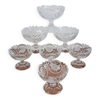 Set of 7 Arques crystal dessert bowls, Passereaux, bird decor