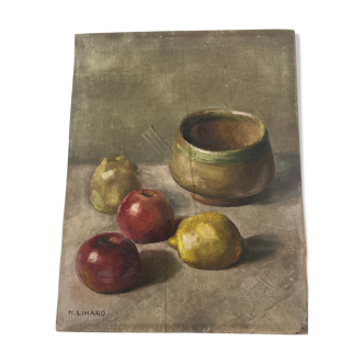 Huile sur toile nature morte aux pommes
