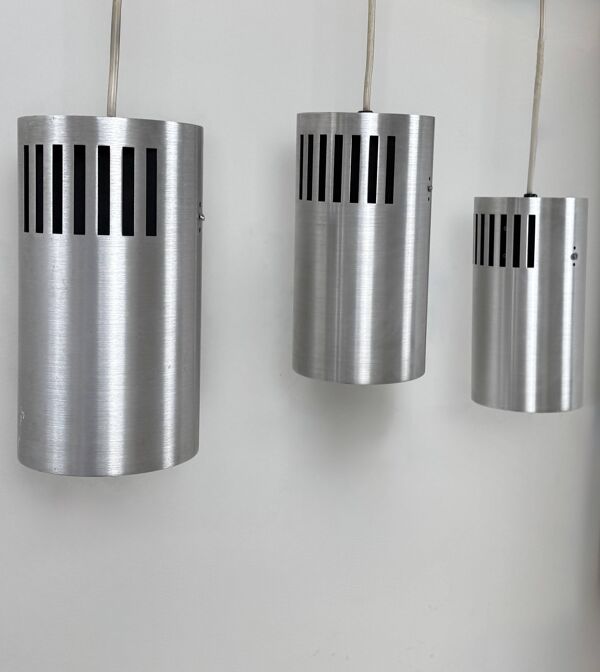 Set de 3 suspensions vintage en métal brossé, France, 1970