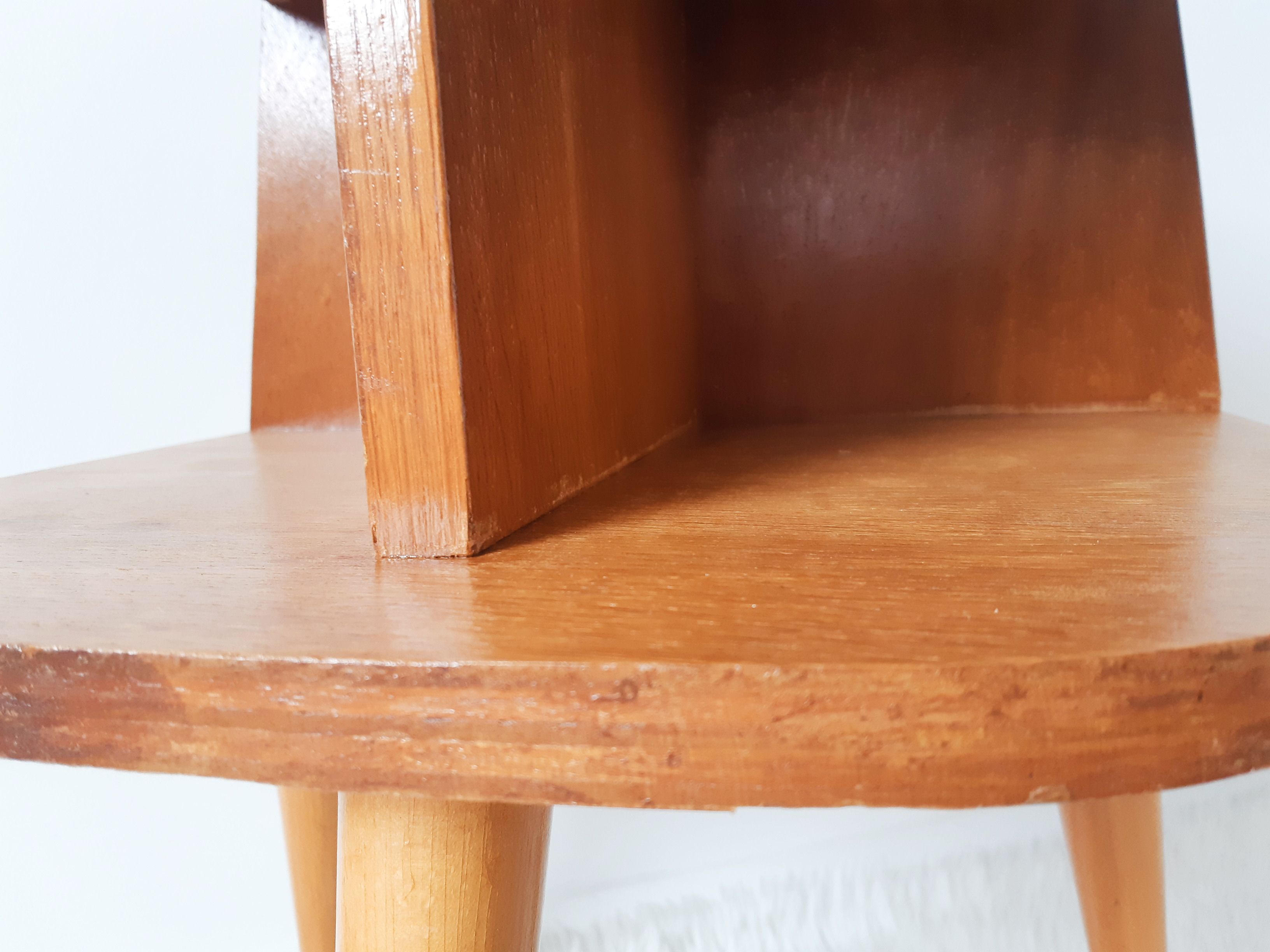 Old bedside table varnished wood, tripod varnished feet, vintage French, 50s (1)