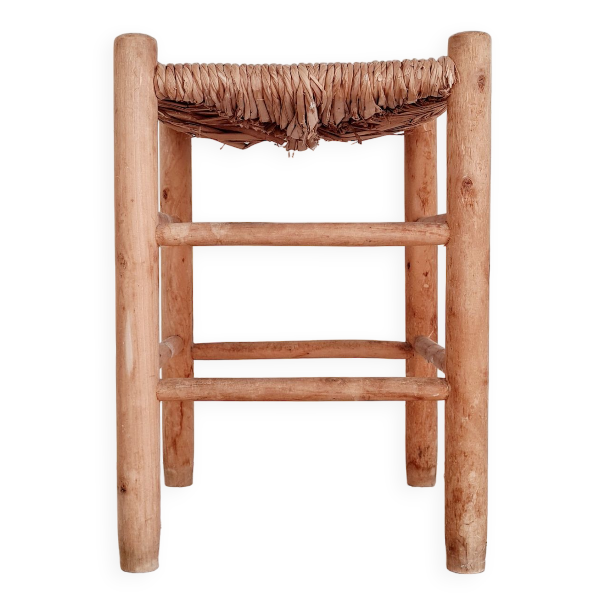 Old stool in wood and straw brutalist look