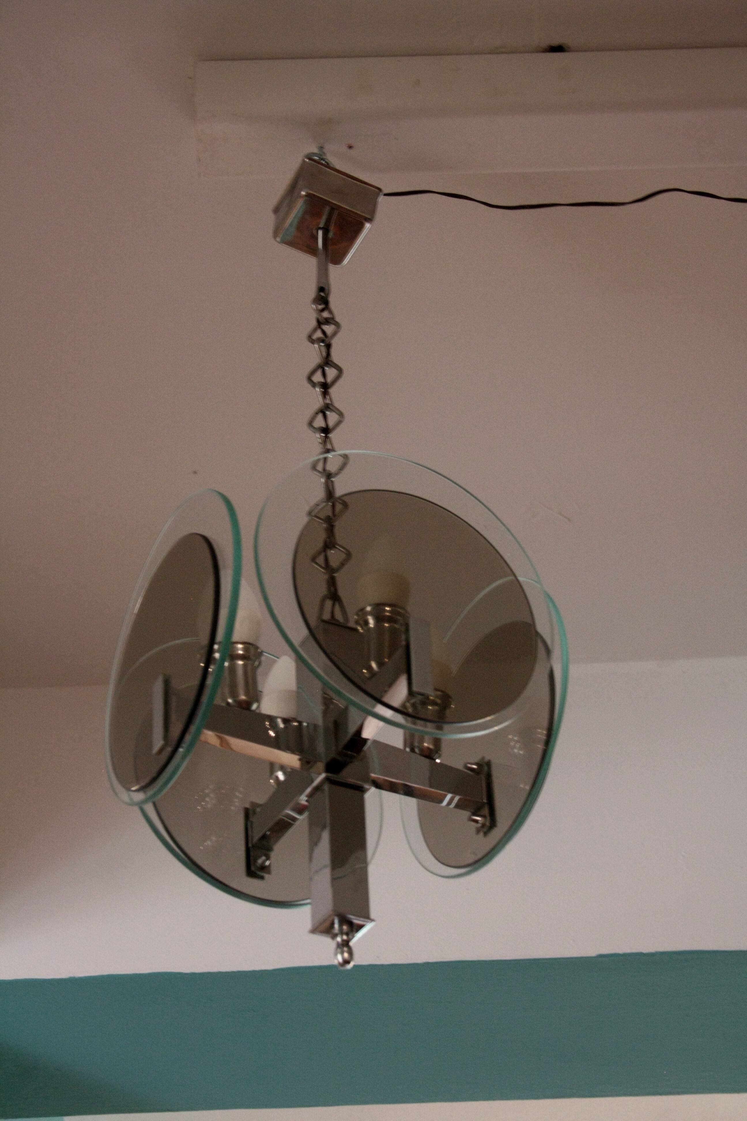 Vintage Art Deco chandelier in chrome metal and glass, Italy, 1970s