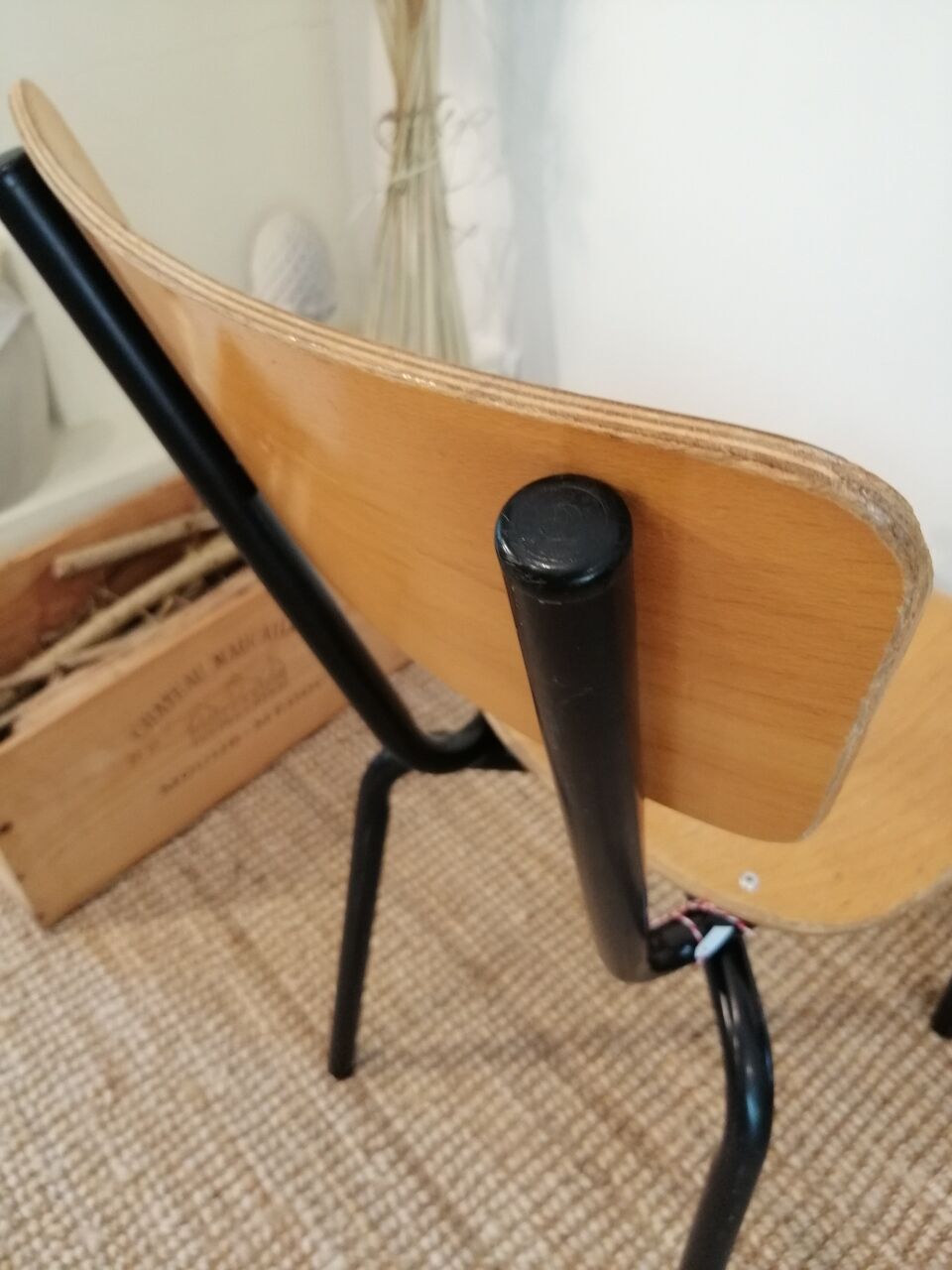 Series of 4 wooden and metal school chairs