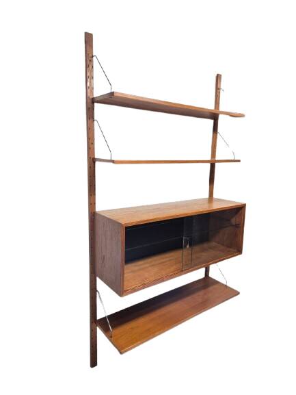 Teak shelving system with glass cabinet, marked made in Denmark, 1960.