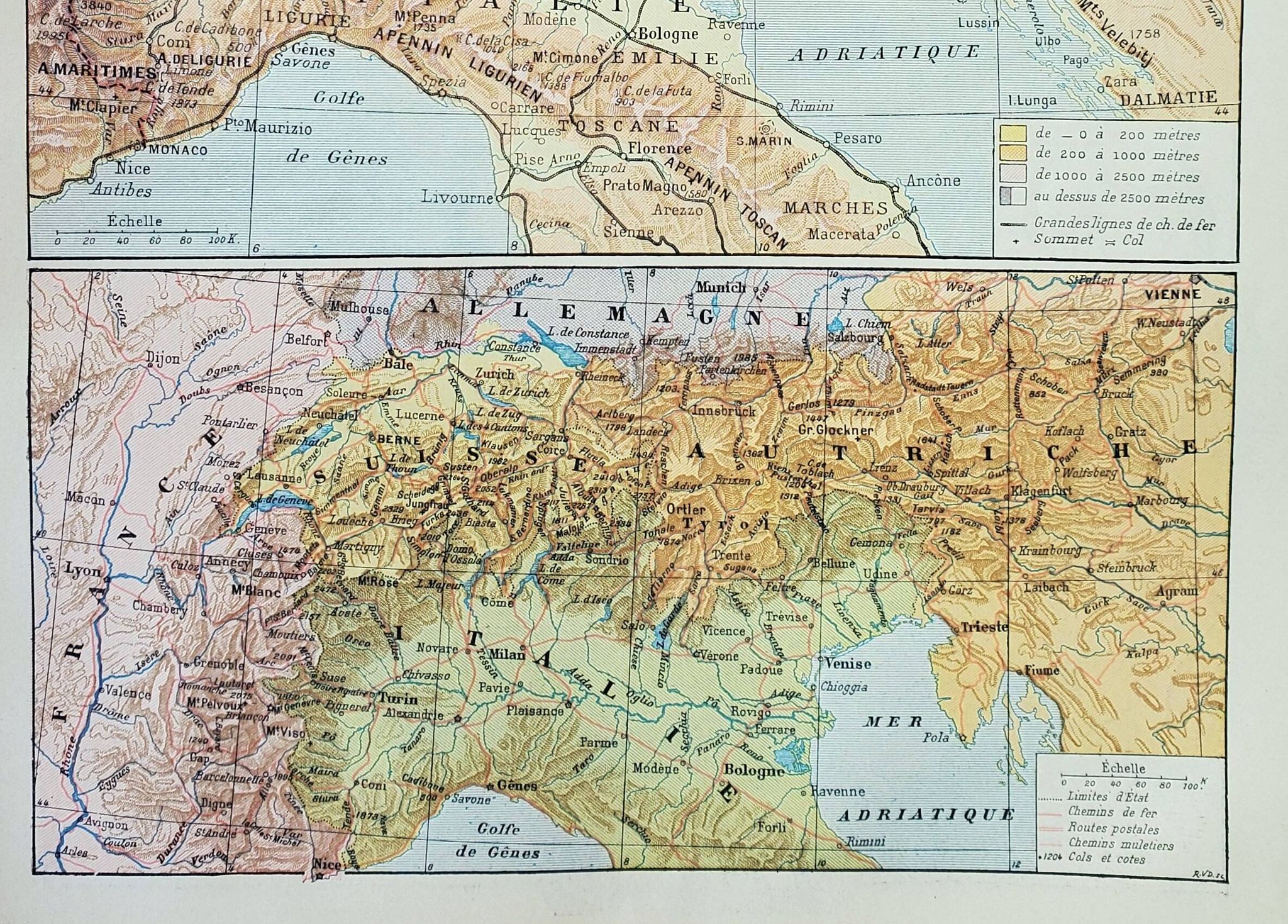 Old engraving 1898, Alps, map, mountain • Lithograph, Original plate