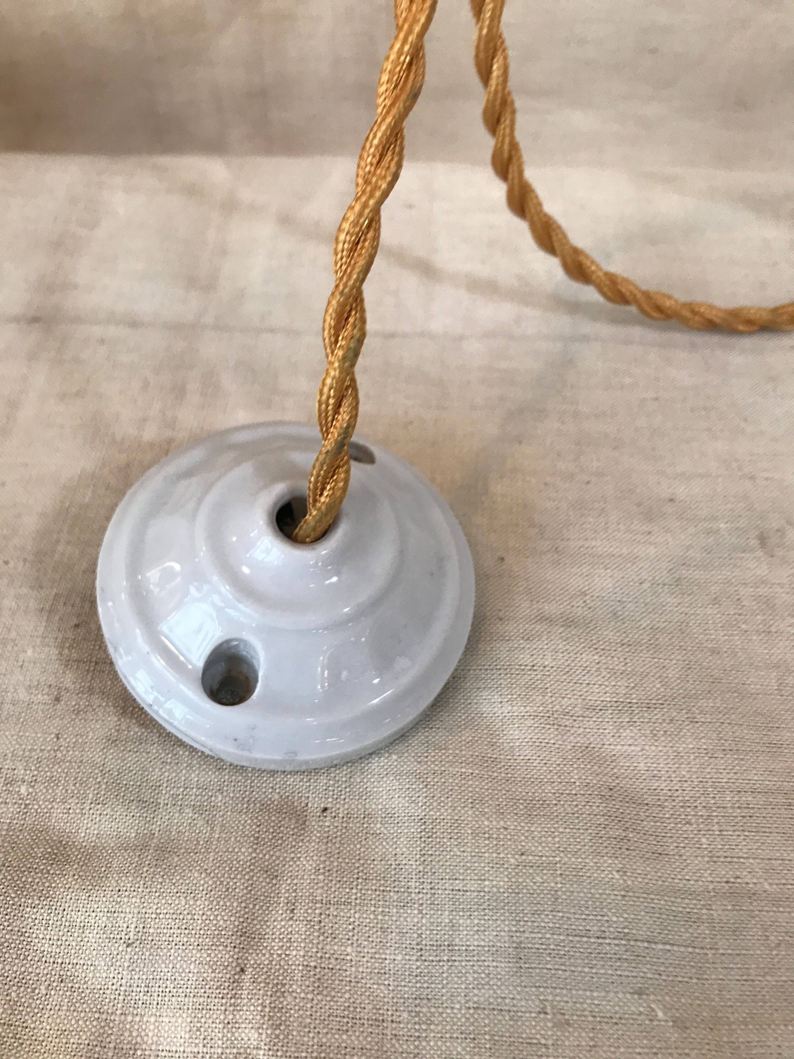 Suspension ancien opaline pâte de verre plissé blanche 1940 Vintage