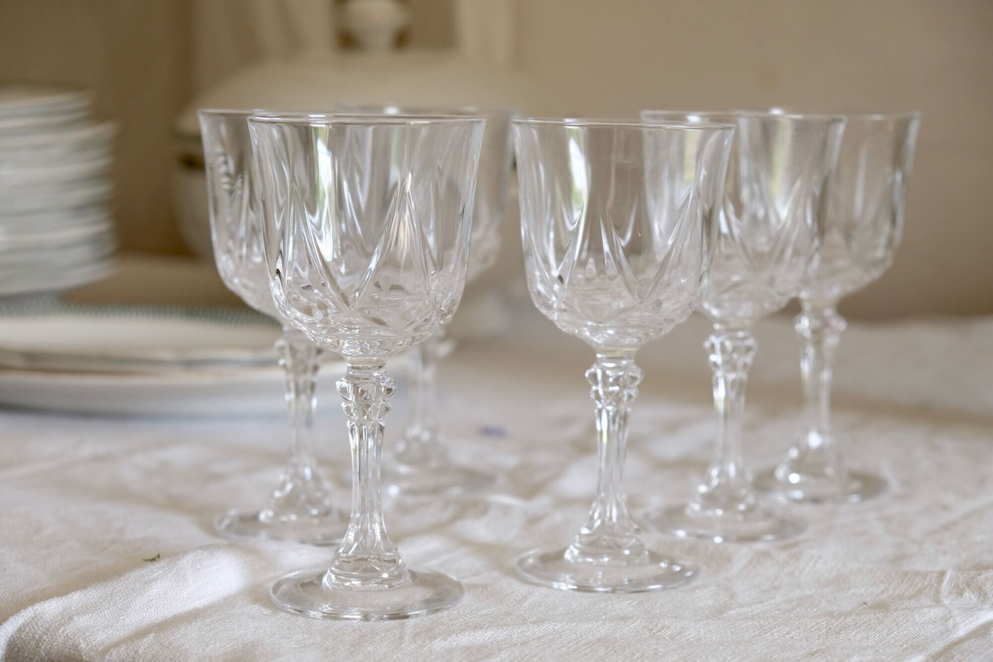 Set of 6 mid-century French crystal wine glasses