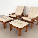 Salon de campagne italien en chêne avec nouveau revêtement en tissu bouclé, années 1970