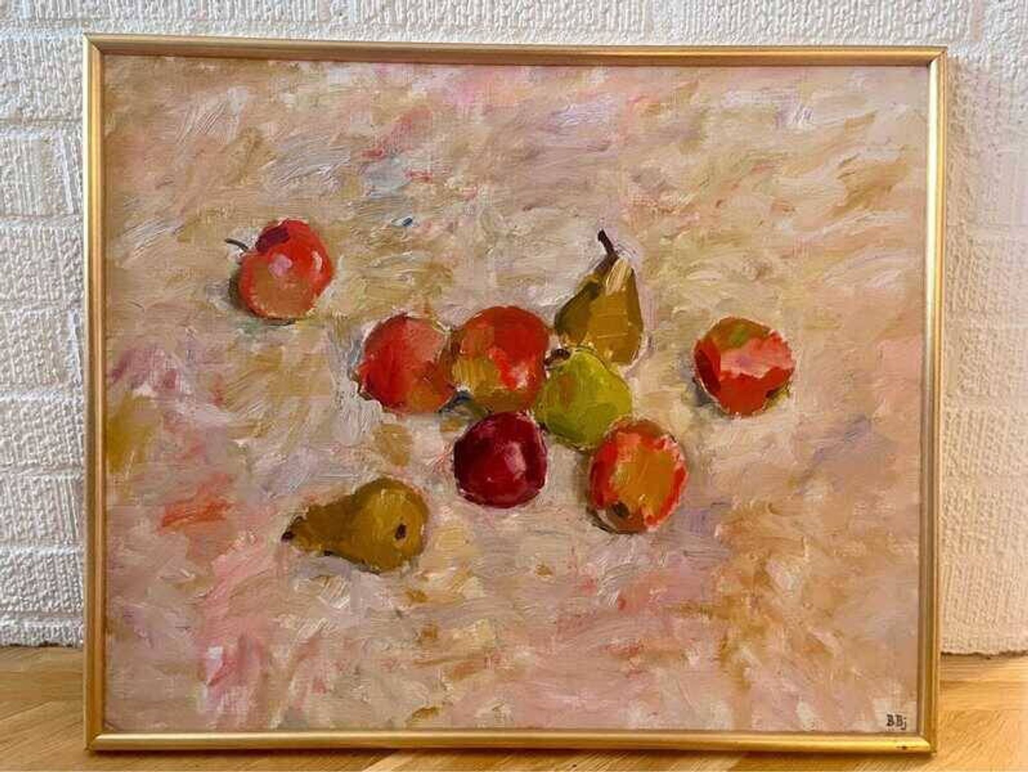 Original Swedish oil on canvas – “Frukt” by Bente Bjerregaard – dated 1989 – vintage & framed 59 × 70 cm