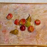 Original Swedish oil on canvas – “Frukt” by Bente Bjerregaard – dated 1989 – vintage & framed 59 × 70 cm