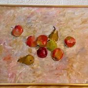 Original Swedish oil on canvas – “Frukt” by Bente Bjerregaard – dated 1989 – vintage & framed 59 × 70 cm