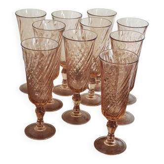 Set of 10 vintage Rosaline flutes in pink glass