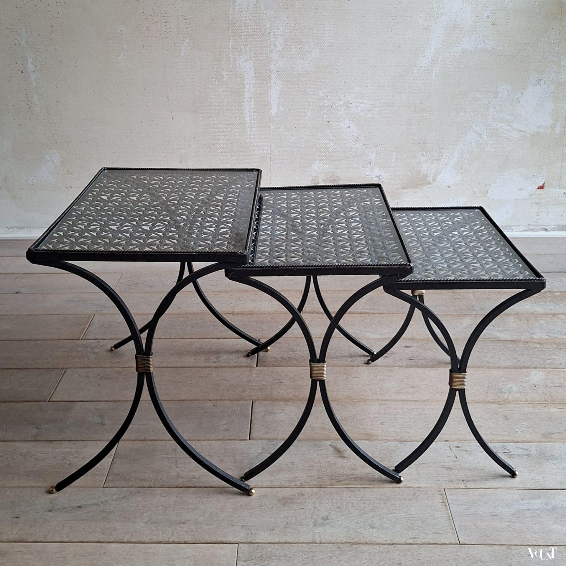 Set of 3 black wrought iron side tables with gold-coloured accents, 1950s