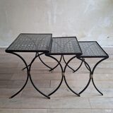 Set of 3 black wrought iron side tables with gold-coloured accents, 1950s