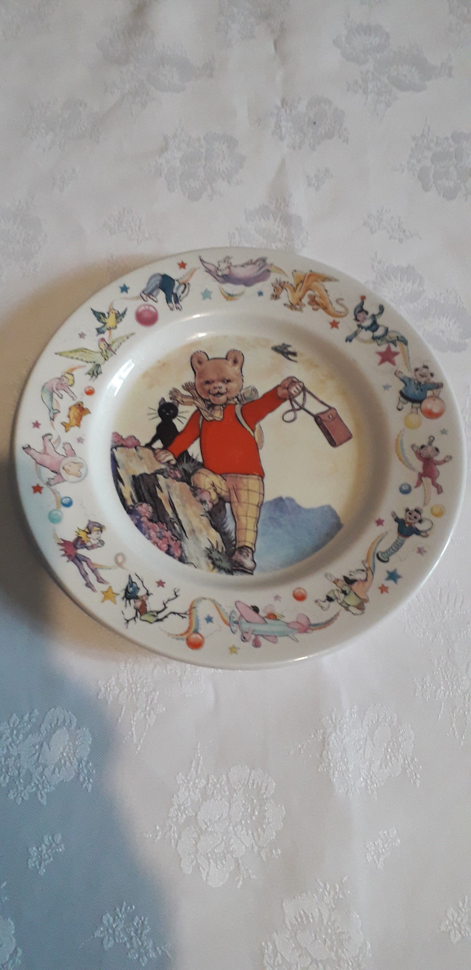 Children's breakfast set: a mug, a corn flakes bowl and a "Rupert Bear" plate from Wedgwood