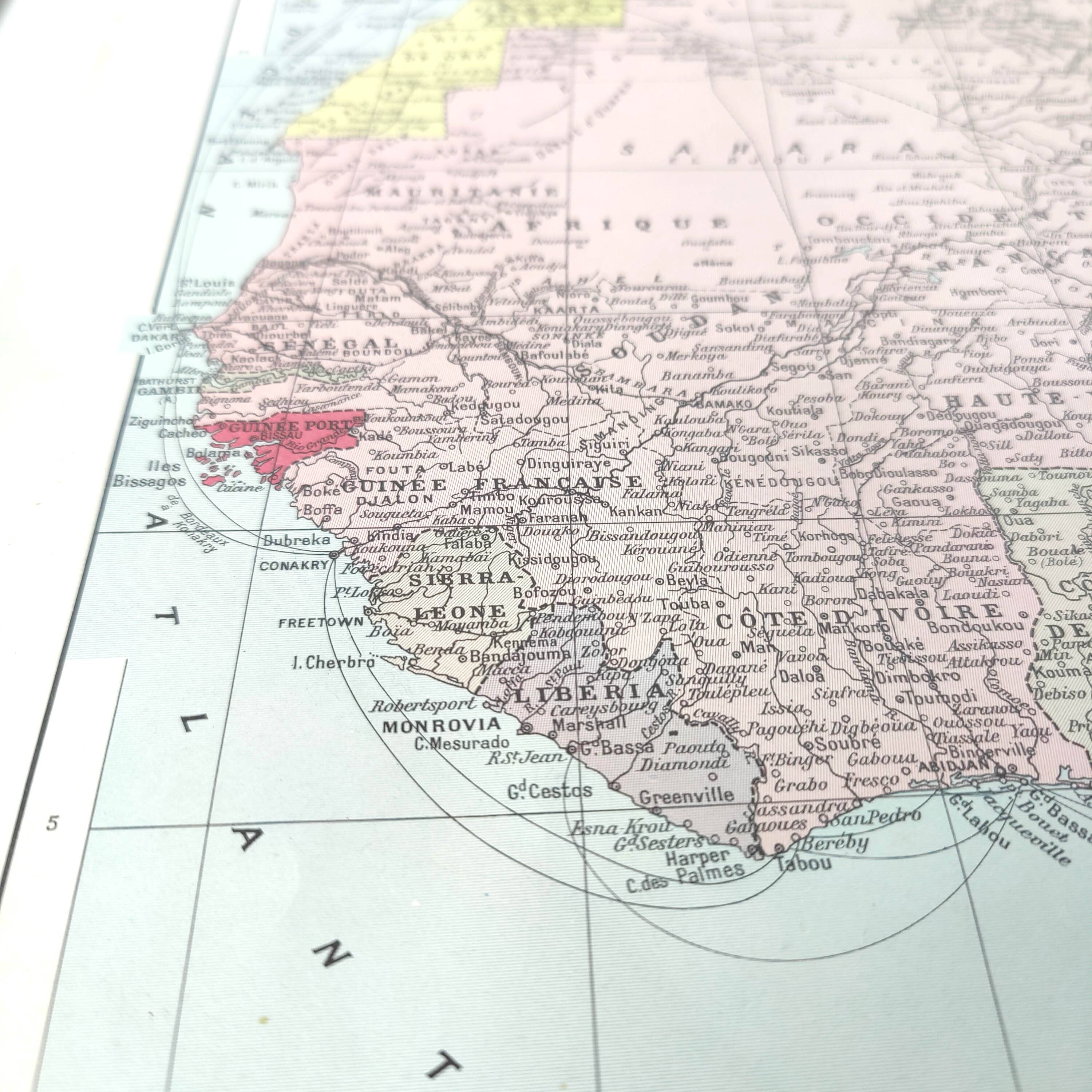 Antique map of French West and Equatorial Africa in 1950 43x43cm