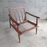 Vintage 1960s boomerang armchair in beechwood – restored and upholstered in vintage fabric