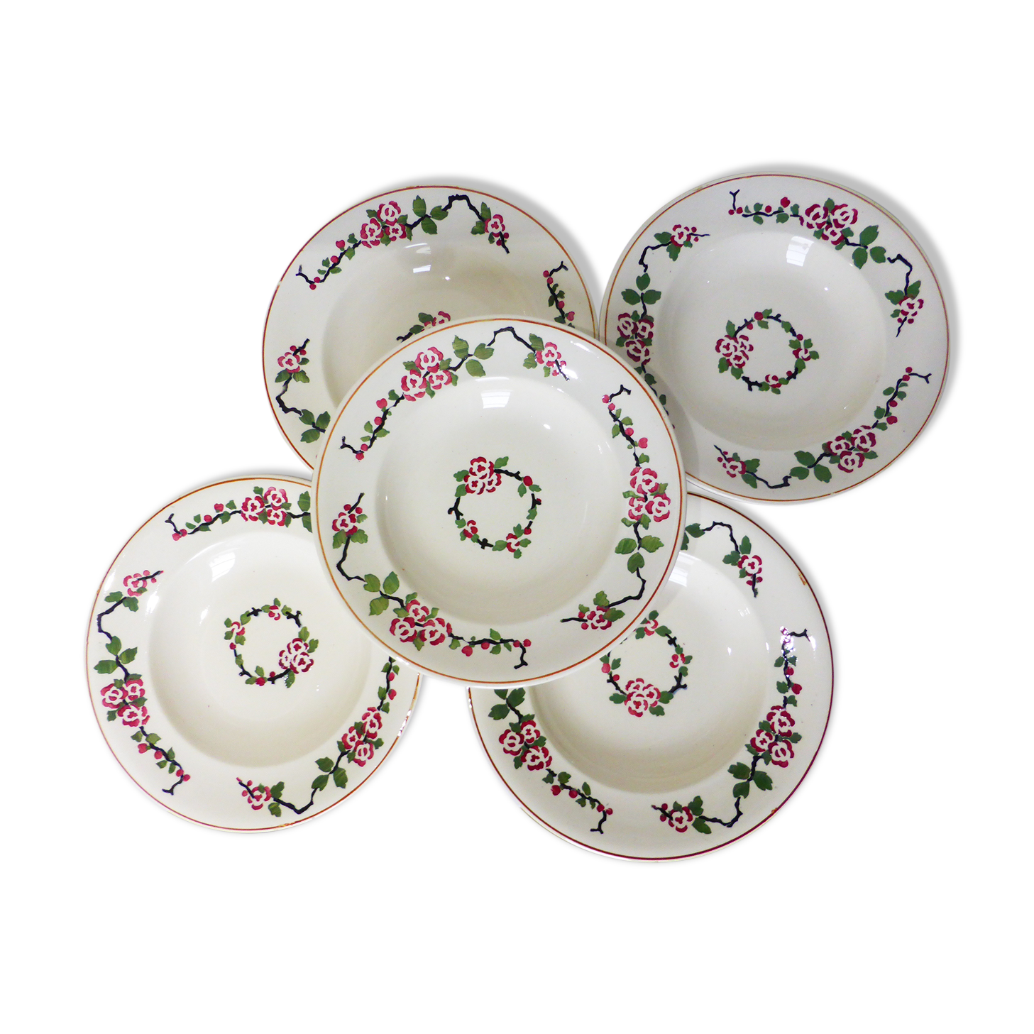 5 Longwy soup plates, Aupébines model