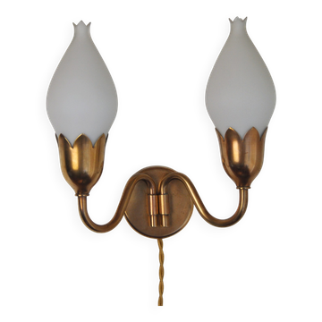 Fog & Mørup 2-Arm Brass and Opaline Glass Tulip Wall Lamp