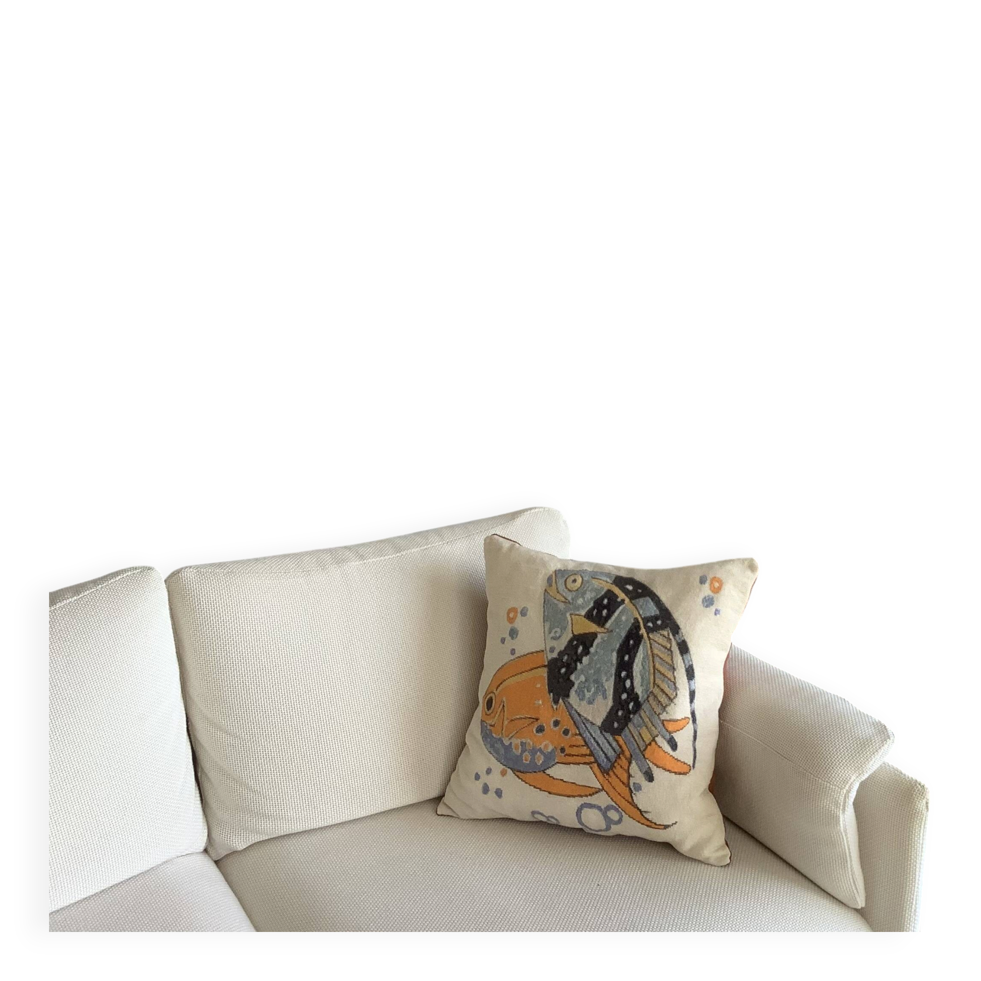 Cushion in fine tapestry, after Mathurin Meheut, West Coast decoration.